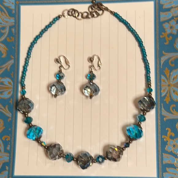 Jewelry - Vintage Necklace & Clip earring set w/Aurora Borealis Crystals & Glass beads